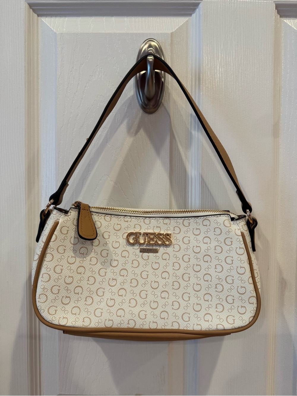 GUESS Cream & Tan Logo Shoulder Bag with Gold Hardware